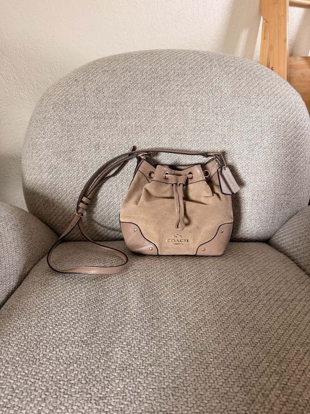 Coach Baby Mickie Drawstring Bucket Crossbody Bag in Taupe Suede and Leather